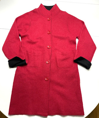 Emma James By Liz Claiborne Red with Black Trim 100% Wool Sweater Coat  Medium