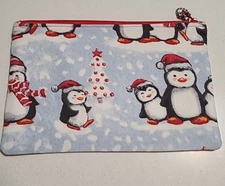 NEW Penguin Pencil Makeup Vanity Bag Pouch WINTER SNOW 8"x5 1/4" Handmade Xmas