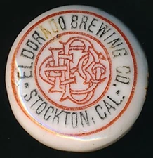 Pre-Prohibition Porcelain Beer Bottle Stopper El Dorado Brewing Co. Stockton, CA