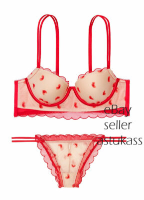 Victoria s Secret DREAM ANGELS Lace Demi Bra 36D & Panty  S Bright Cherry Hearts