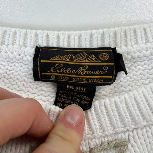 Vintage Eddie Bauer Sweater Womens Medium White Knit Embroidered Floral Cotton - Picture 3 of 8