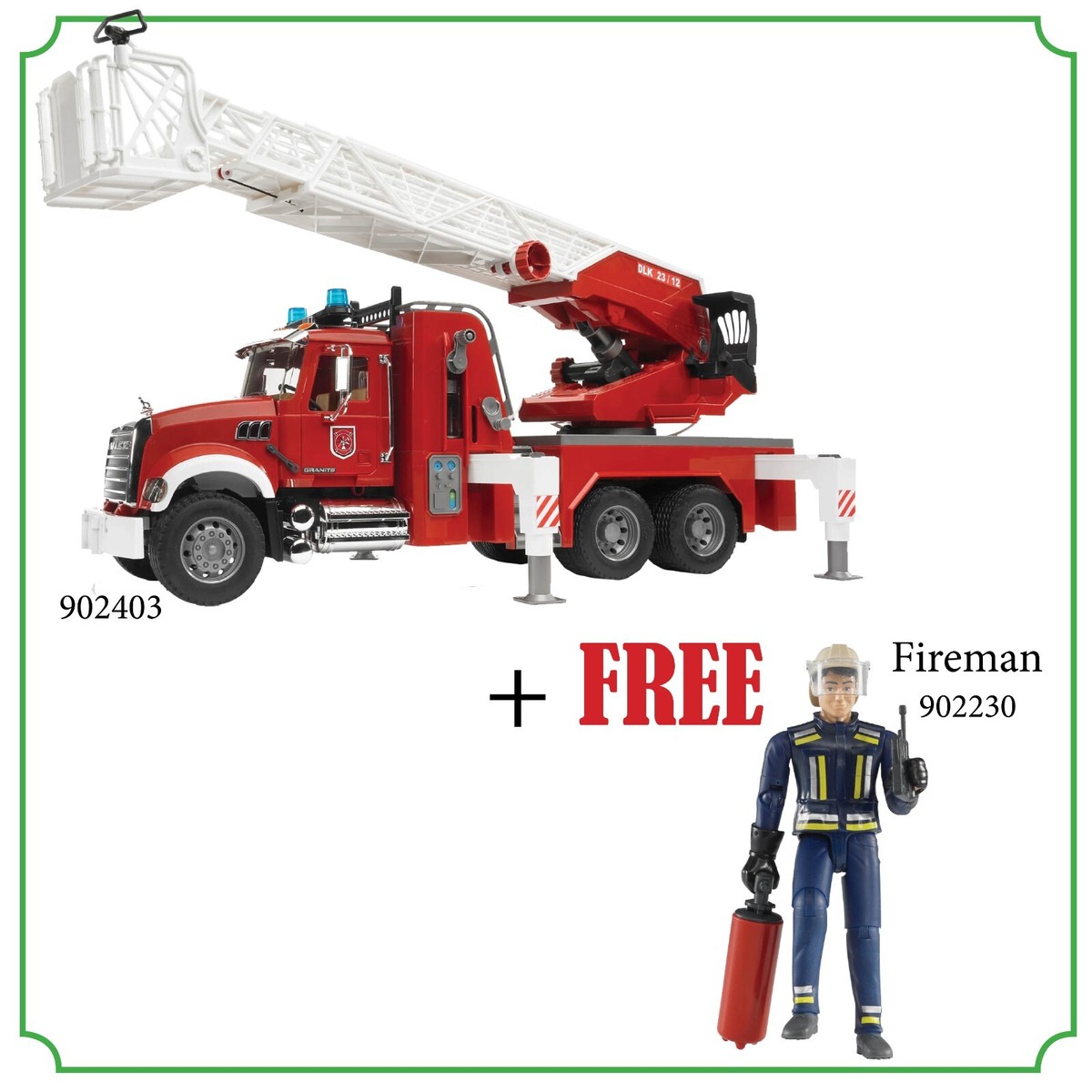 Bruder 02821 MACK Granite Fire Engine w/ Water Pump Light & plus