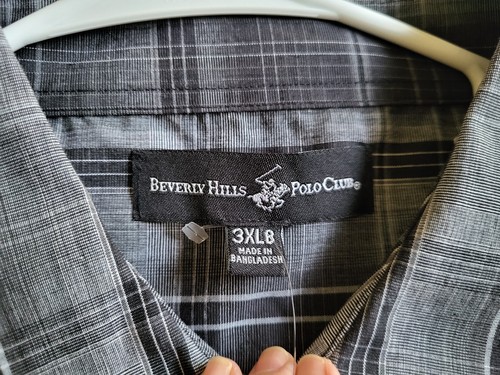 Mens 3XLBig Beverly Hills Polo Club Long Sleeve Button Up Shirt Black Checkered - Picture 5 of 10