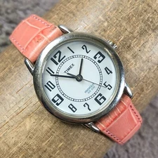 Timex Women Dress Indiglo Pink Leather Band Quartz Analog 25mm Watch 6 1/4"