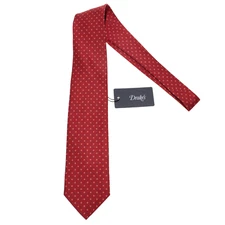 Drake's NWT Neck Tie in Orangey Red with Blue & White Mini Circles 100% Silk