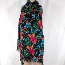 Torino Hawaiian Scarf/Wrap 100% Viscose  Black with Floral Pattern  76 x 32in
