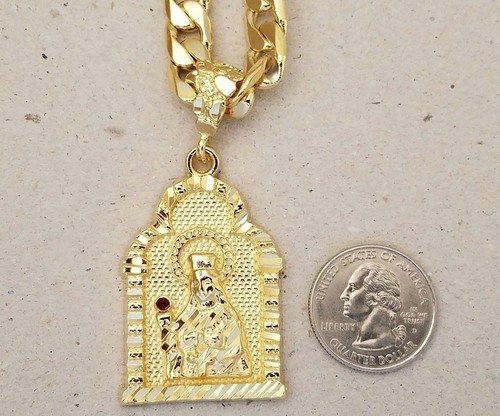 Men's Yellow Gold Plated Santa Barbara CZ Charm & 30in Long 10mm Cuban Chain Set - Picture 2 of 4