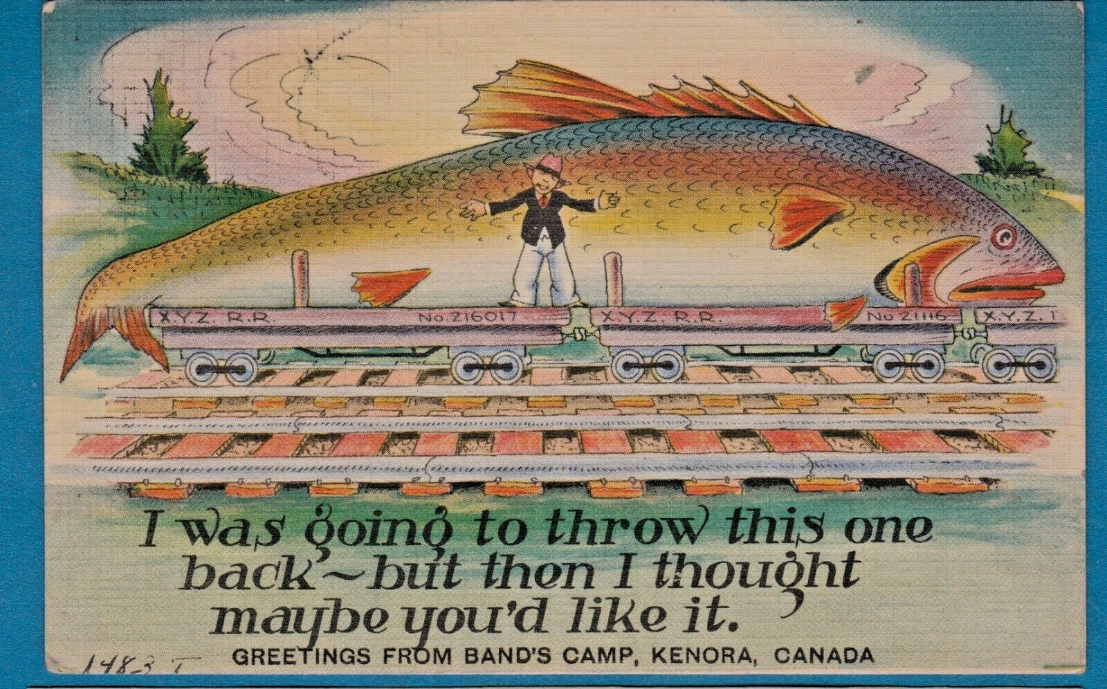 Exaggerated postcard/HUGE fish on train car/greeting Band's Camp, Kenora, Canada
