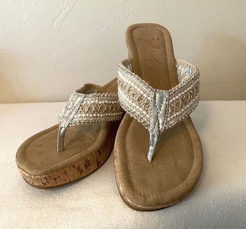 Jellypop Ursula Damen Sandalen beige Keilabsatz Slipper Perlen Glitzer Riemen Größe 6 M