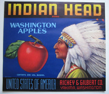 Original INDIAN HEAD apple crate label Richey & Gilbert Company Yakima WA