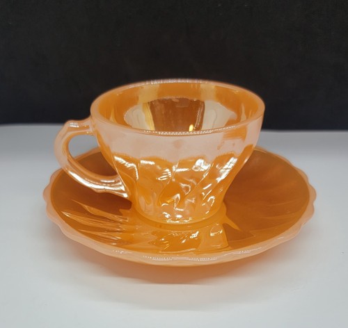 2 Anchor Hocking Fire King Peach Luster Glass Swirl Demitasse Cup & Saucer Sets - Picture 3 of 10