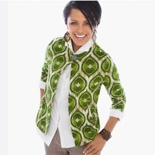 CHICO'S 100 Linen Open Front Jacket Geometric Print Green Tan Size 2 Career
