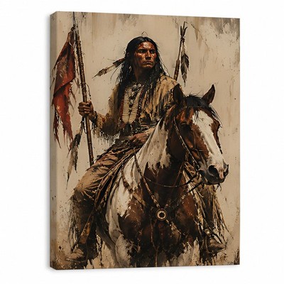 Native American Warrior Canvas Art, Horse & Flag, Western Decor Gift