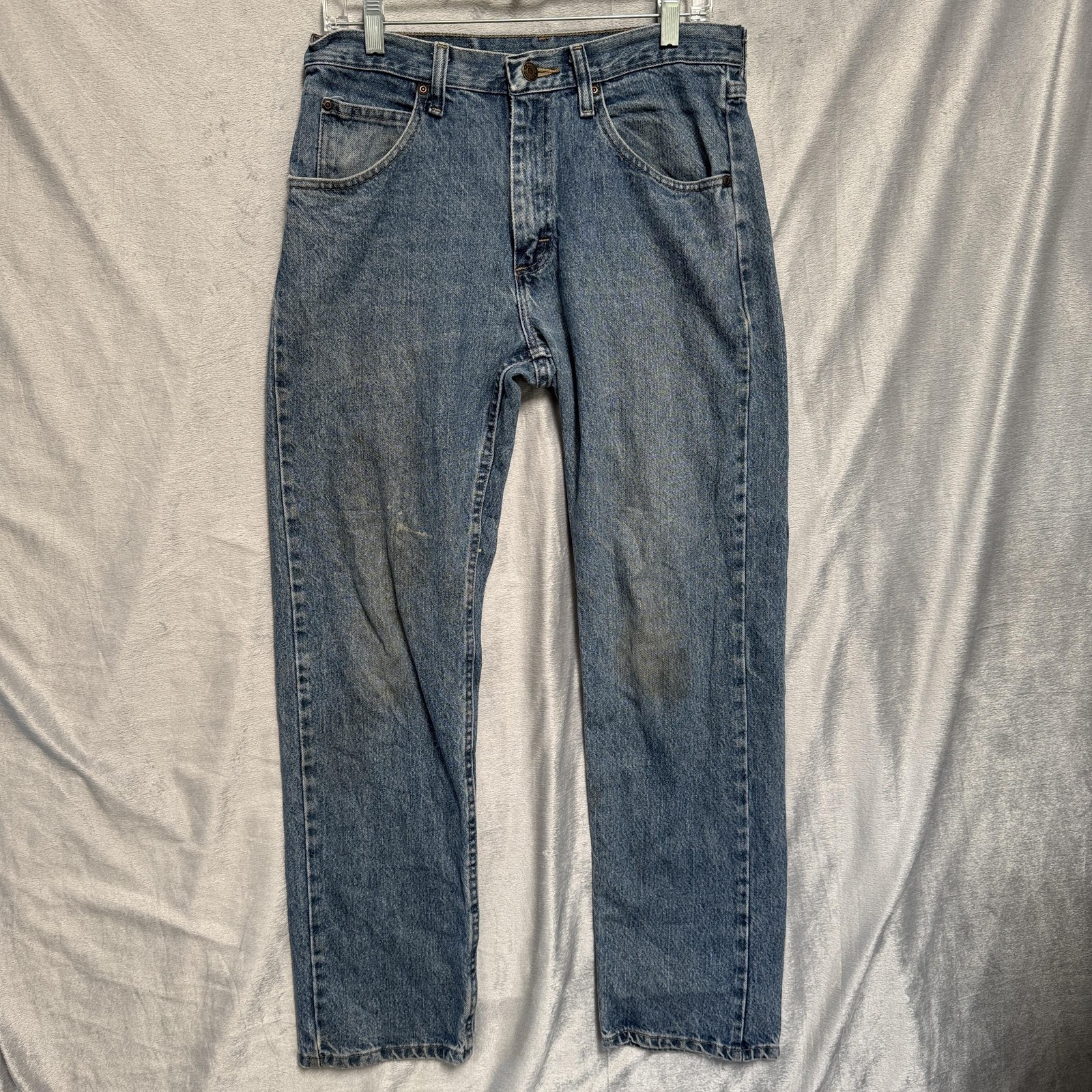 Mens Blue Denim Straight Leg Medium Wash 5 Pocket Zip Fly