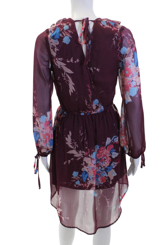 Vestido recto Band of Gypsies para mujer floral cuello en V volantes manga larga granate talla M Foto 3 de 4