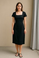Vintage St. Gillian Womens Black Linen Midi Dress Size 6 Square Neck Office