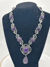 10 SUPERB Amethysts BEST EVER Los Castillo Sterling Silver Hanging Link Necklace