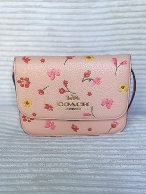 Coach Floral Crossbody Bag Beige Logo Accents Gold Hardware Adjustable Strap