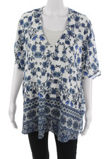 Show Me Your Mumu Womens Tunic Blouse Blue Floral V-Neck Sleeveless Boho Size S