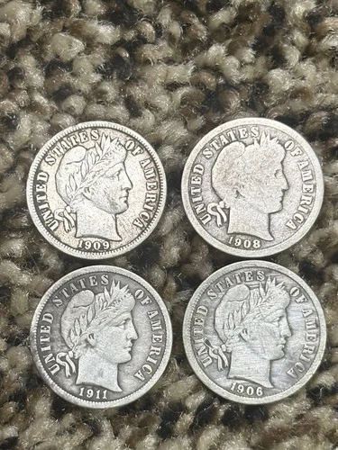 4 - Barber Silver Dimes 1908-O, 1909, 06& 1911 NR