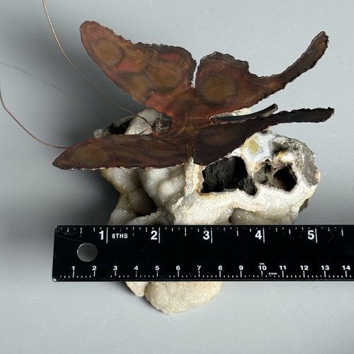 VTG MCM Brutalist Brass Torch Cut Butterfly Sculpture on 5" Rough Druzy Geode - Picture 18 of 19