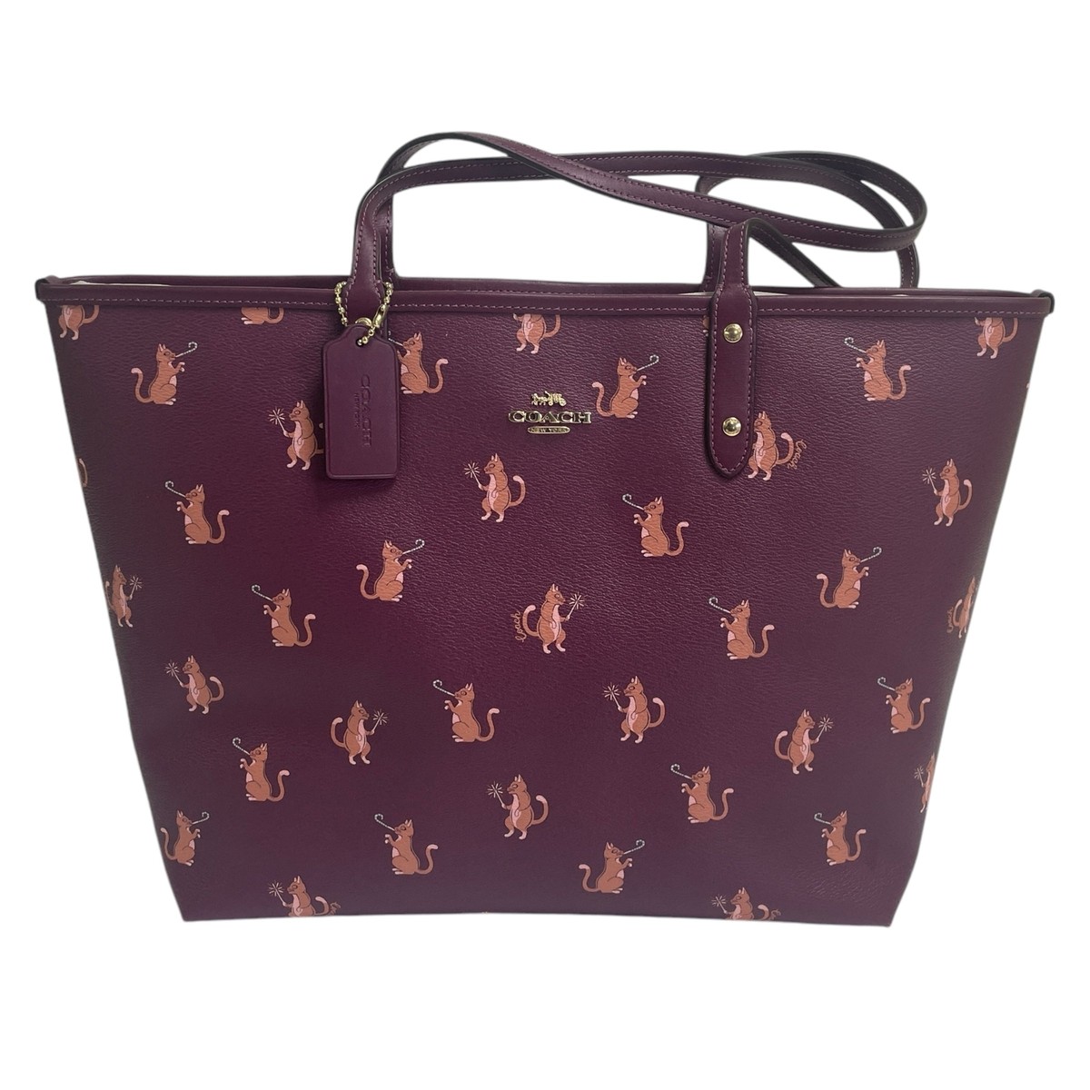 Coach Reversible City Party Cat Burgundy Leather Print Bag Tote - Main Image