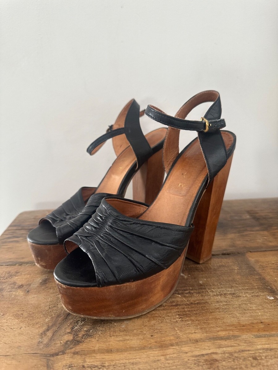 High Heels Black Wooden Platform Sandals Vintage Style Office