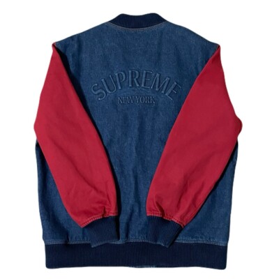 Supreme 14AW Denim Twill Varsity Jacket Indigo Red Cotton