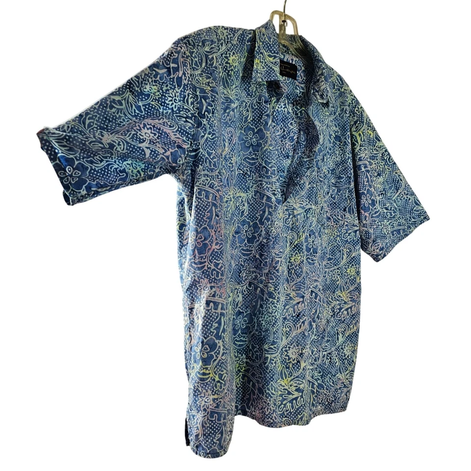 Pete Huntington Bali Handmade Hawaiian Shirt Mens Sz L Blue White Floral Vintage - Image 4 of 4