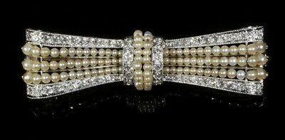 Antique Handmade Creamy Light Champagne Color Pealrs & Cubic Zirconia Bow Brooch