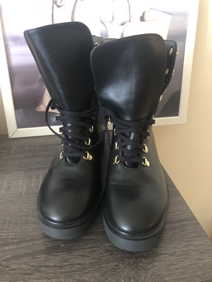 $600 STUART WEITZMAN boots BLACK LEATHER STACKED Sz 8.5 - Image 4 of 4
