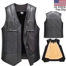 Men's Leather Vest PU Motorcycle Biker Vest Fleece Winter Warm Undershirt Tops
