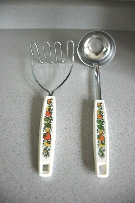 Vintage Ekco Spice Of Life Soup Ladle Potato Masher Veggie Mushroom Tomato 70's