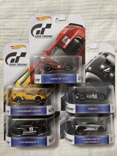 Hot Wheels Gran Turismo Retro Entertainment Set Of 5 Ford GT,Corvette  C7R,Nissan Concept 2020 Vision GT,Lamborghini Veneno & 2009 Nissan GT-R 