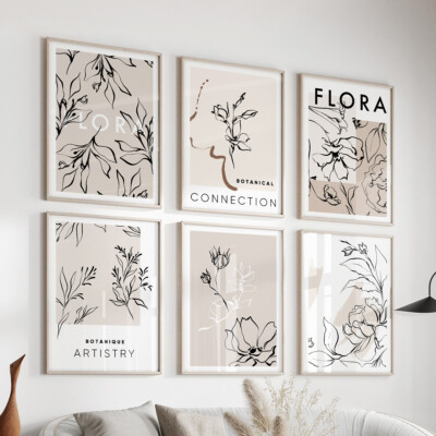 6er Set Beige Botanische Minimalistische Linie Wandbilder Wohnzimmer Poster