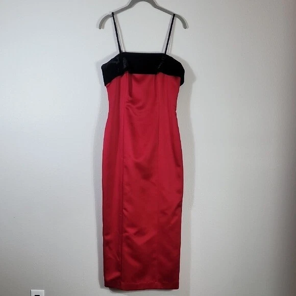 Vintage Y2K Alex Evenings Satin Velvet Formal Dress Gown Size 10 Red Black Prom - Image 2 of 4