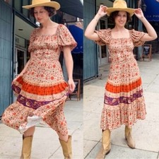 Spell & the Gypsy Lady Untamed Brown Floral Corset Front Puff Sleeve Midi Dress