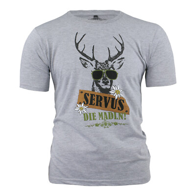 Trachten Shirt Herren Grau Hirsch Motiv Kurzarm Baumwolle   Trachten T-Shirt Neu