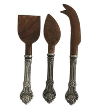 Anthropologie Cheese Serving Set 3 pcs Bar Tools Sheesham Wood & Pewter/Alum