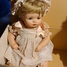 Blonde Curly Hair Baby Doll Blue Eyes Soft Body Vinyl/Cloth Dress  Bonnet