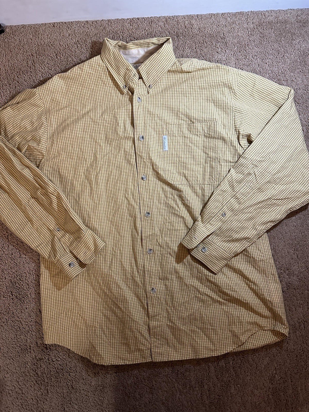 Columbia Men’s Long Sleeve Button Down Yellow Checkered Plaid Shirt Size Large