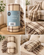 Wayland Square Chenille Throw Blanket Tan/Beige Plaid New