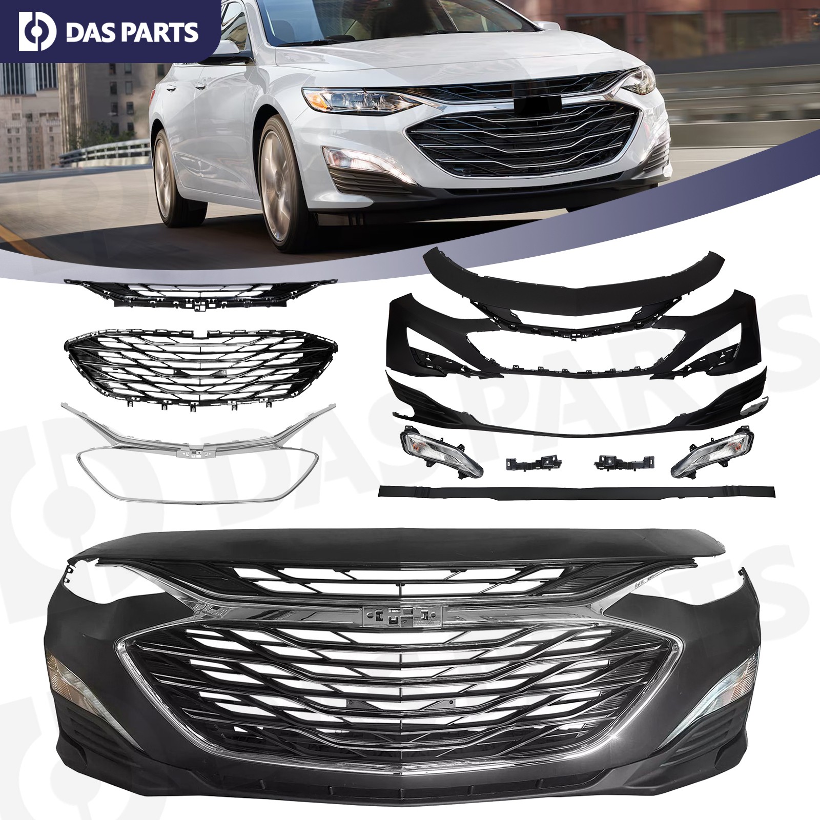 Complete Bumper Cover Upper Lower Grille Fog Lights For 2019-2025 Chevy Malibu