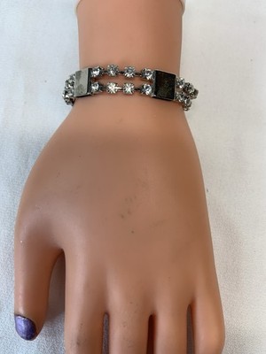 Vintage Bracelet ,metal panels Between Rows Rhinestones,7 