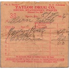 1926 Taylor Drug Co Drugs, Stationary, Paints Sparta WI Billhead Receipt AI9-M25