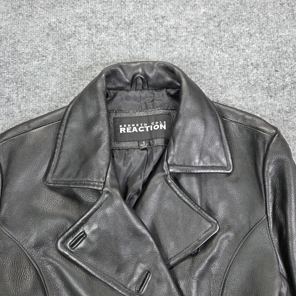 Kenneth Cole Reaction Jacket Womens Small Black Leather Peacoat Trench Coat - Image 4 of 4