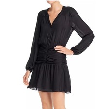 Parker Women's Zee Long Sleeve Ruched Waist Black Silk Blend Dress