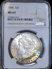 1886 $1 Morgan Silver Dollar NGC MS63 Rainbow Crescent Toned Coin GEM BU UNC PQ