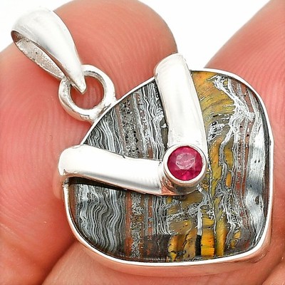 Natural Iron Tiger Eye & Ruby 925 Sterling Silver Pendant Jewelry P-1735