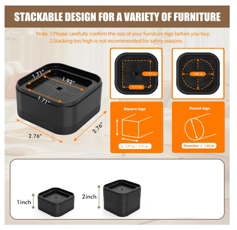 Упаковка из 8 регулируемых мебельных стояков для кровати высокопрочные подъемники высота 1 или 2 дюйма - черные - Изображение 2 из 4